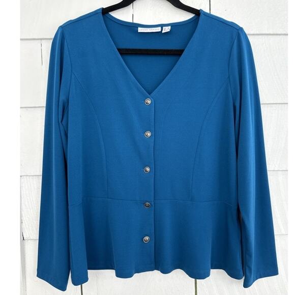 Susan Graver Liquid Knit Button Front Peplum Blouse Blue Polished Elevated Basic - Picture 1 of 7